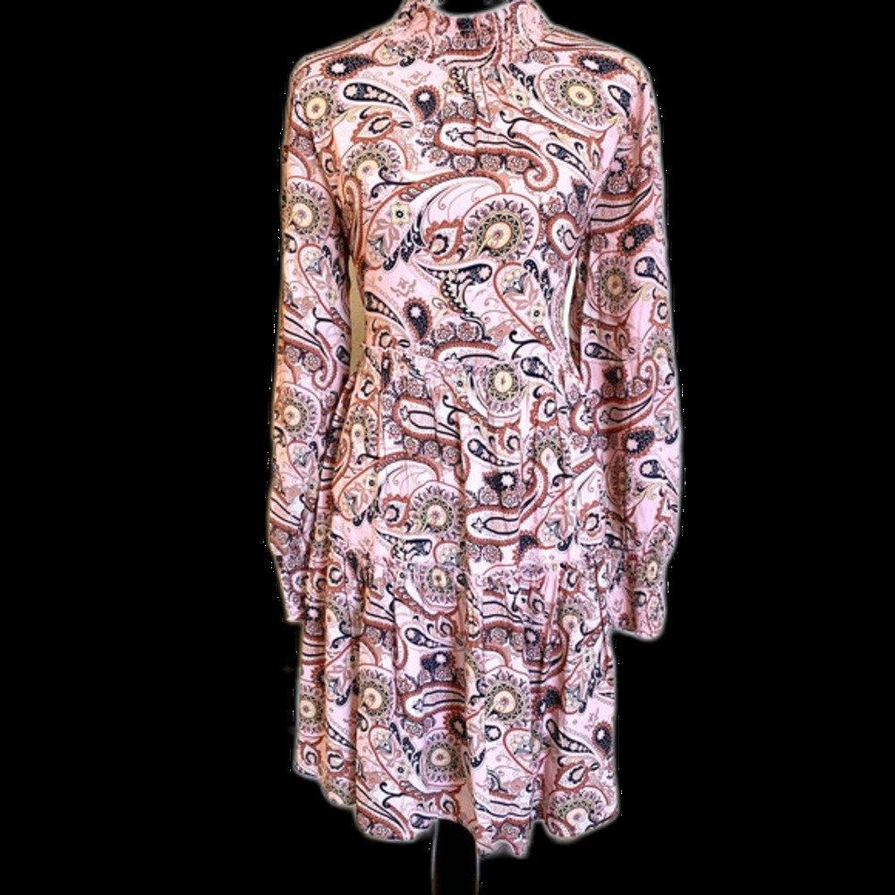 Code X mode Pink dress women paisley patterns long sleeve dress mock neck size S